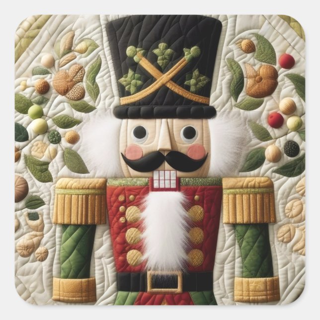 Quilted Christmas Nutcracker Square Sticker (Front)