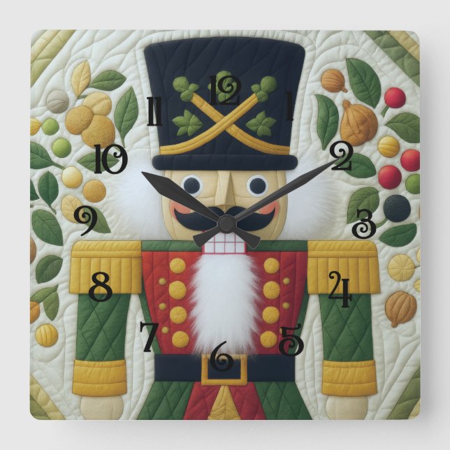 Quilted Christmas Nutcracker Square Wall Clock (Front)