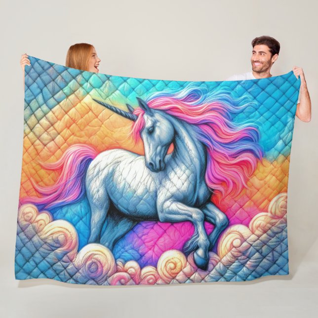 Quilted Colourful Unicorn Fleece Blanket (In Situ)