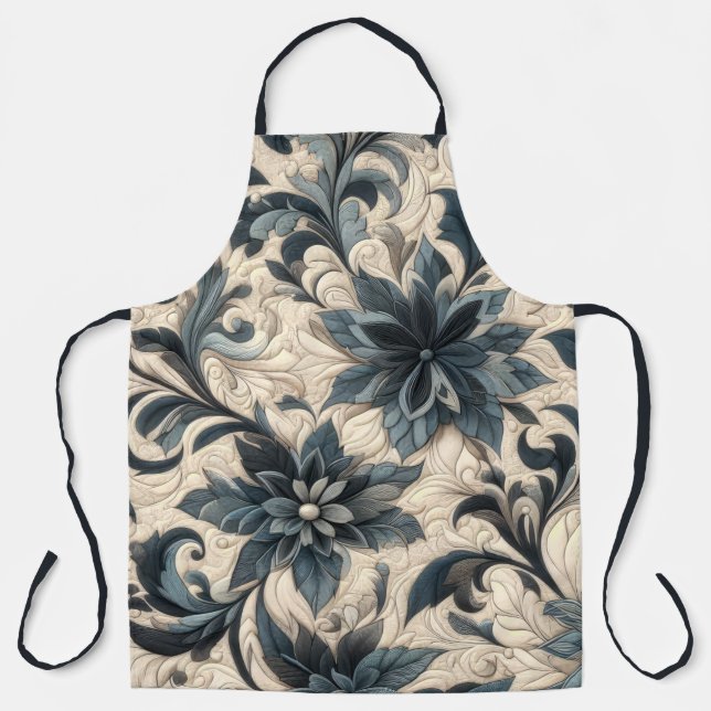 Quilted Cream and Navy Blue Floral Design Apron (Front)