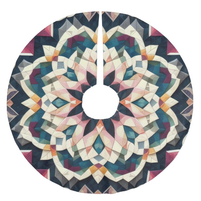Quilted Cream Geometric Medallion Design Brushed Polyester Tree Skirt (Front)