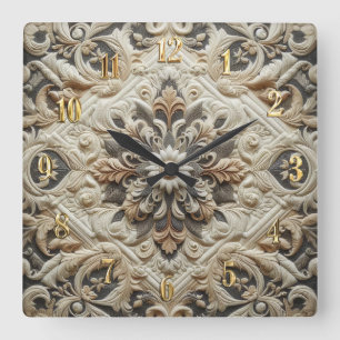 Quilted Cream Grey Ornate Arabesque Square Wall Clock