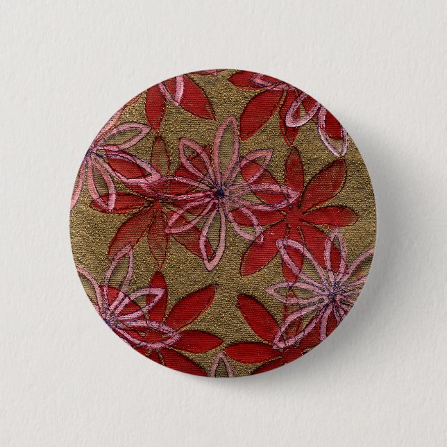 Quilted Flowers - Hand Carved Block - Red Pink 6 Cm Round Badge (Front)