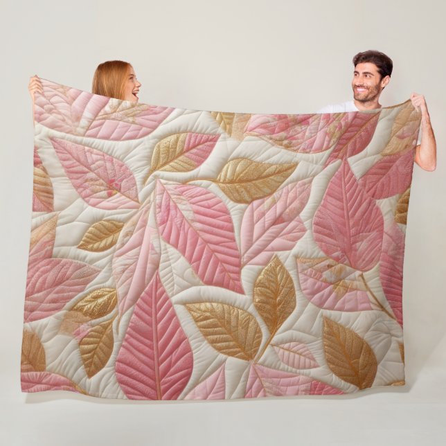 Quilted Gold and Pink Leaves Design Fleece Blanket (In Situ)
