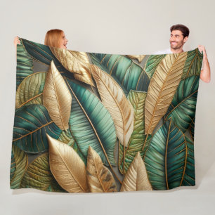 Quilted Gold Green Tropical Leaves Design Fleece Blanket