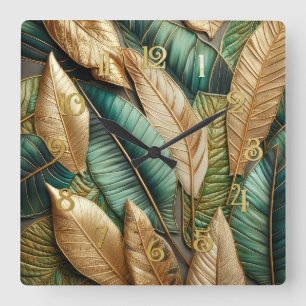 Quilted Gold Green Tropical Leaves Design Square Wall Clock