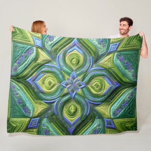 Quilted Green Blue Abstract Design Fleece Blanket