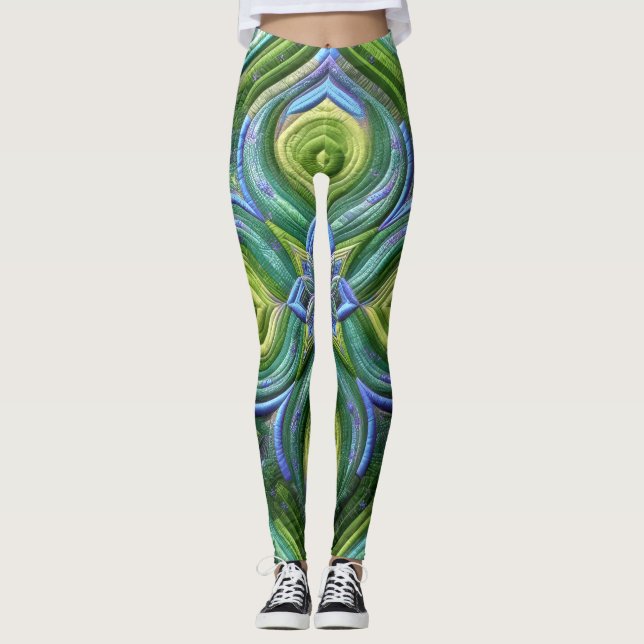 Quilted Green Blue Abstract Design Leggings (Front)