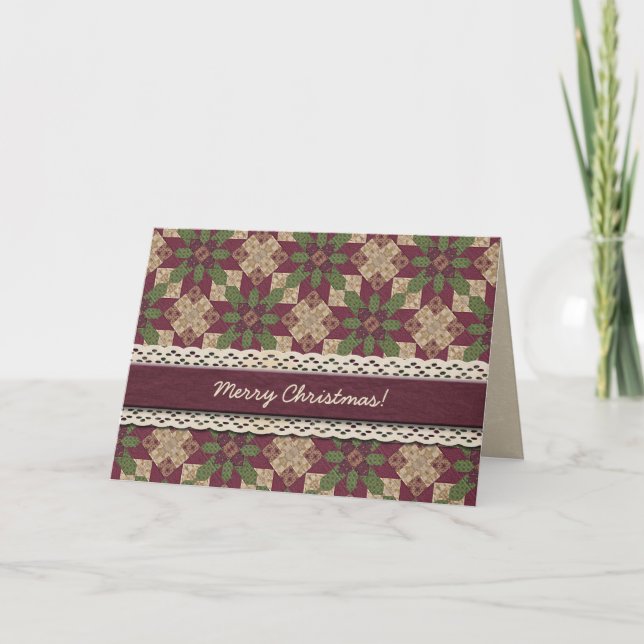 Quilted Green Burgundy Star Holiday Card (Front)