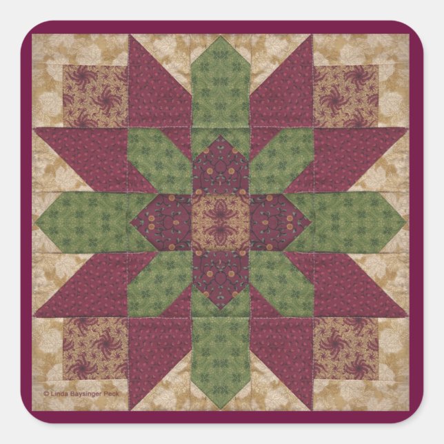 Quilted Green Burgundy Star Square Sticker (Front)