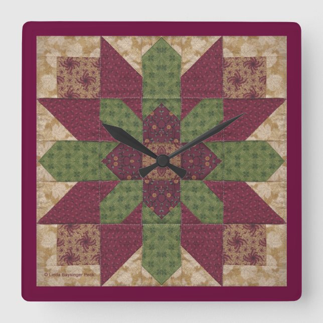 Quilted Green Burgundy Star Square Wall Clock (Front)
