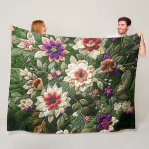Quilted Green Floral Design Fleece Blanket