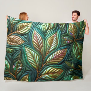 Quilted Iridescent Leaves Design Fleece Blanket