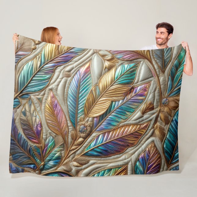 Quilted Iridescent Leaves Design Fleece Blanket (In Situ)