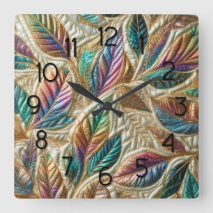 Quilted Iridescent Leaves Design Square Wall Clock
