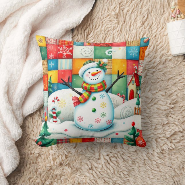 Quilted Look Frosty the Snowman with Patchwork Cushion (Blanket)