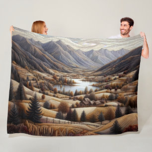 Quilted Mountain Landscape Scene Blue Fleece Blanket