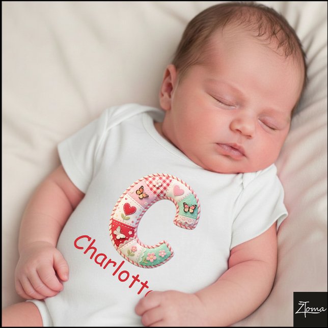 Quilted Patchwork Initial Letter C Nursery Baby Bodysuit (This is a sample design. There are several models to choose from, with the name and color changed.)