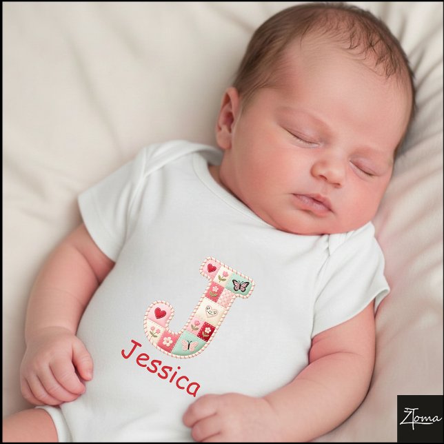 Quilted Patchwork Initial Letter J Nursery Baby Bodysuit (This is a sample design. There are several models to choose from, with the name and color changed.)