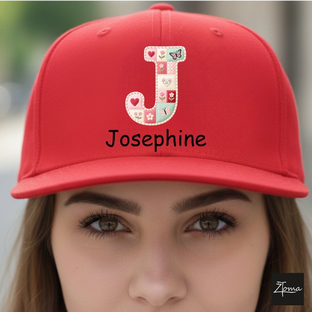 Quilted Patchwork Initial Letter J Nursery Trucker Hat (This is a sample design. There are several models to choose from, with the name and color changed.)