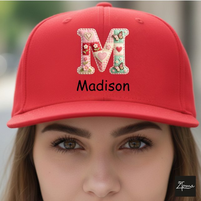 Quilted Patchwork Initial Letter M Nursery Trucker Hat (This is a sample design. There are several models to choose from, with the name and color changed.)