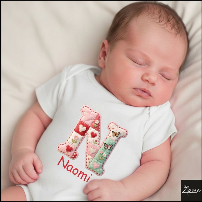 Quilted Patchwork Initial Letter N Nursery Baby Bodysuit (This is a sample design. There are several models to choose from, with the name and color changed.)