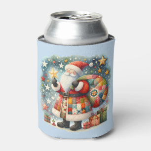 Quilted Patchwork Santa with Christmas Stars Can Cooler