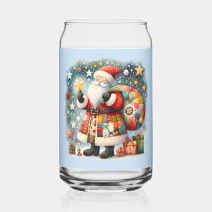 Quilted Patchwork Santa with Christmas Stars Can Glass