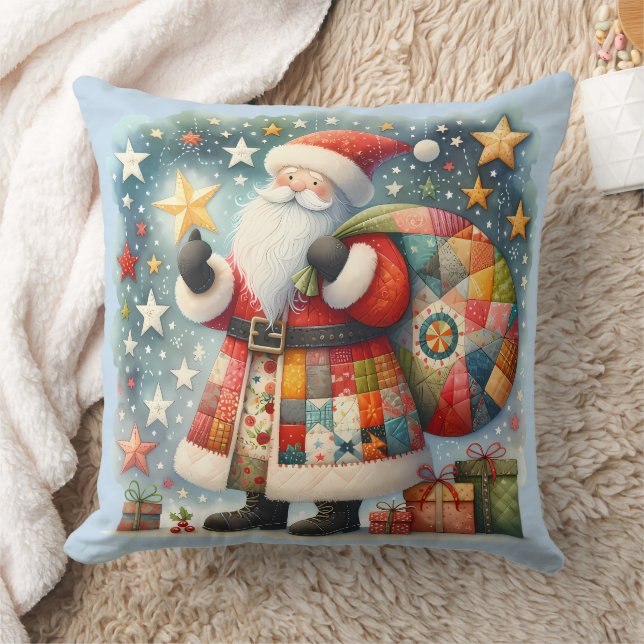 Quilted Patchwork Santa with Christmas Stars Cushion (Blanket)