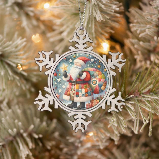 Quilted Patchwork Santa with Christmas Stars Snowflake Pewter Christmas Ornament (Tree)