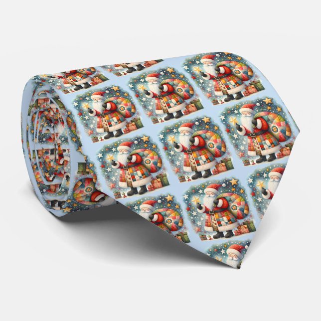 Quilted Patchwork Santa with Christmas Stars Tie (Rolled)
