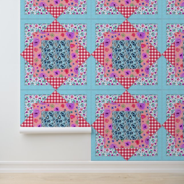 Quilted Patchwork Square Country Gingham Checks Wallpaper (Application)