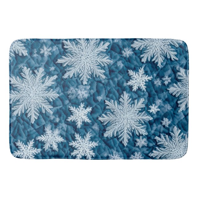 Quilted Pattern Blue and White Snowflakes Bath Mat (Front)