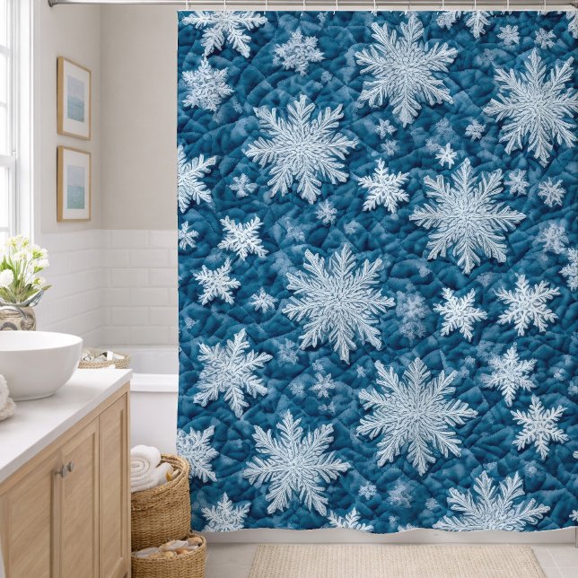Quilted Pattern Blue and White Snowflakes Shower Curtain (Creator Uploaded)