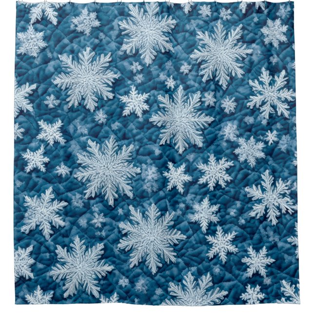 Quilted Pattern Blue and White Snowflakes Shower Curtain (Front)