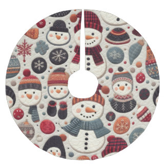 Quilted Pattern of Snowmen Brushed Polyester Tree Skirt