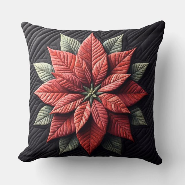Quilted Pattern Poinsettia Black Cushion (Front)