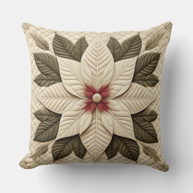 Quilted Pattern Poinsettia Cream Cushion (Front)