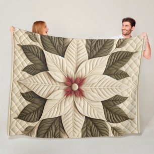 Quilted Pattern Poinsettia Cream Fleece Blanket