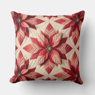 Quilted Pattern Poinsettia Cream Red Cushion