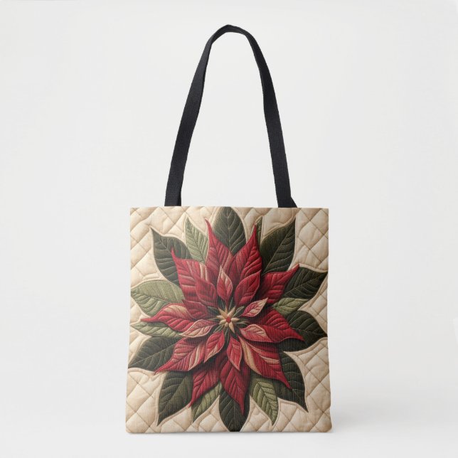 Quilted Pattern Poinsettia Cream Tote Bag (Front)