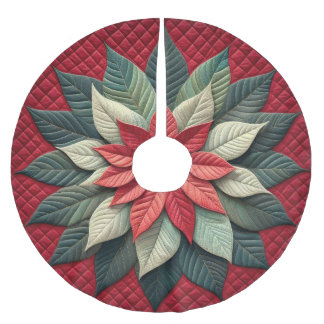 Quilted Pattern Poinsettia Red Brushed Polyester Tree Skirt