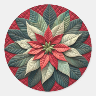Quilted Pattern Poinsettia Red Classic Round Sticker