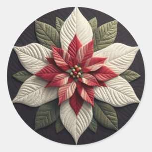 Quilted Pattern Poinsettia Red Green Black Classic Round Sticker