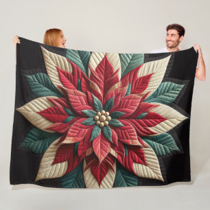 Quilted Pattern Poinsettia Red Green Black Fleece Blanket
