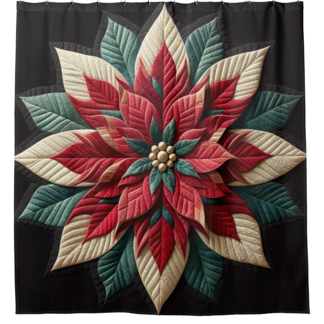 Quilted Pattern Poinsettia Red Green Black Shower Curtain (Front)