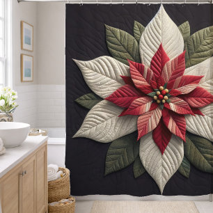 Quilted Pattern Poinsettia Red Green Black Shower Curtain
