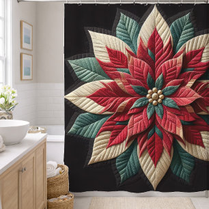 Quilted Pattern Poinsettia Red Green Black Shower Curtain