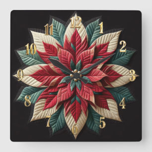 Quilted Pattern Poinsettia Red Green Black Square Wall Clock
