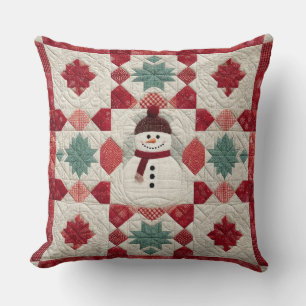 Quilted Pattern Snowman Red White Green Cushion